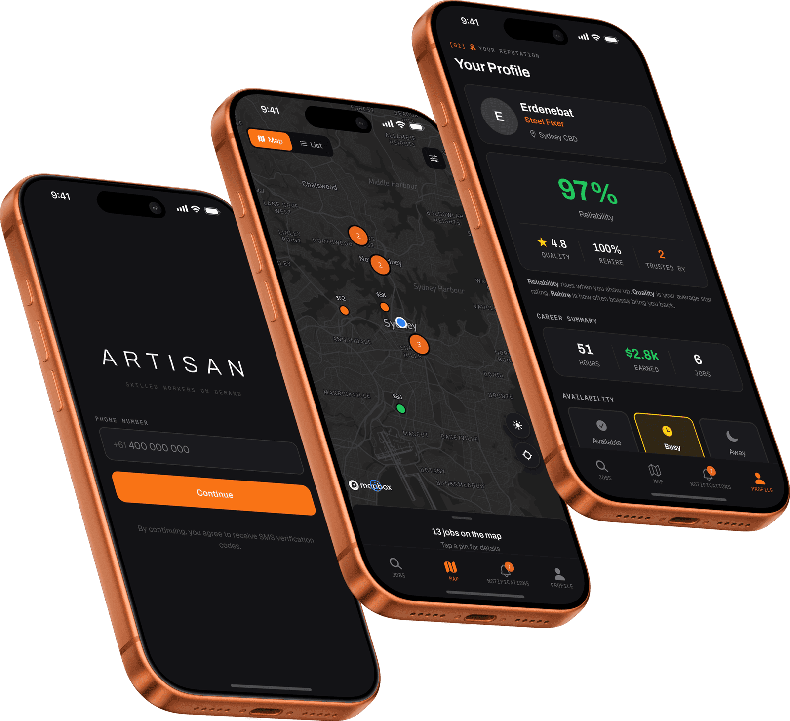 The Artisan app: onboarding, the live job map, and a reputation that travels.